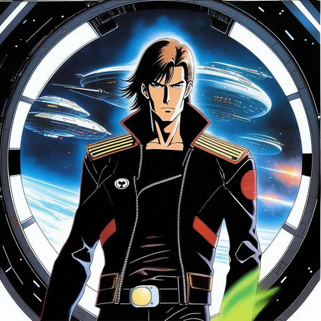 Prompt: detailed character portrait, full body portrait of a muscled male with brown pompadour undercut, retro futuristic starship captain, green glowing eyes, smirking, black futuristic leather jackett, on smoky background, transporter, teleporter, inside of a spaceship, Akira art. Anime art. Captain Harlock art. Leiji Matsumoto art. 2d art. 2d. well drawn face. detailed.