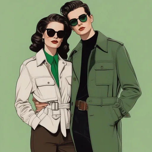 Prompt: full body shot shot of a young {man} with moderate length deep dark brown short slicked back pompadour hair with shaved sides and pale skin, wearing a dark brown trench jacket and white collared shirt with a plack tie, black pants and black boots, round glasses, green shades with emerald lenses, handsome; he is hugging a petite woman with messy very short chestnut pixie undercut with trimmed sides and tannedskin. rpg art. Star trek art. 2d art. 2d