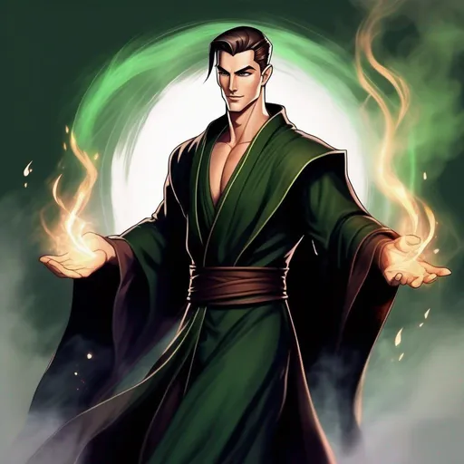 Prompt: detailed character, full body portrait of a muscular male sorcerer, round face, broad cheeks, extremely short brown slicked back pompadour undercut, green eyes smirking, wearing dark green wizard robes, on smoky blurred background, soft feminine body features. Smooth skin, detailed, well drawn face. Rpg art. 2d art. 2d.