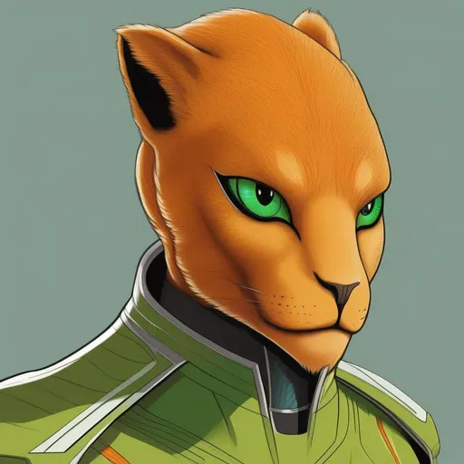 Prompt:  A 33 years old alien of a star trek gepard race. Vaguely humanoid. He has shot orange fur and a white skin. He wears a scifi uniform and has green lizard eyes. Detailed, well draw face, Smooth skin. rpg art. Star trek art. 2d art. 2d, color drawing