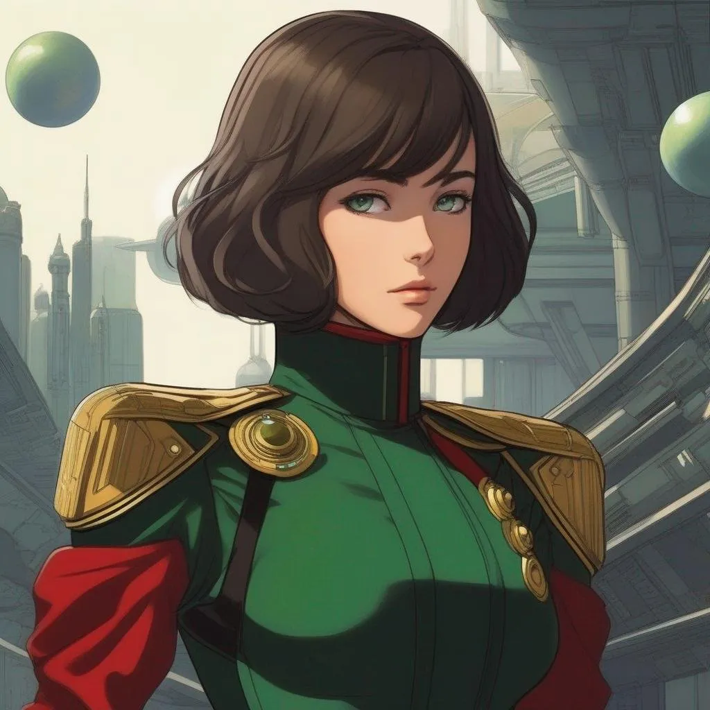 Prompt: Whole body. Full Figure, from distance. a Young noble woman in 22nd century, black scifi uniform. Cute. very short dark brown pixie haircut. emerald eyes. Akira art. Anime art. Captain Harlock art. Leiji Matsumoto art. 2d art. 2d. well draw face. detailed.