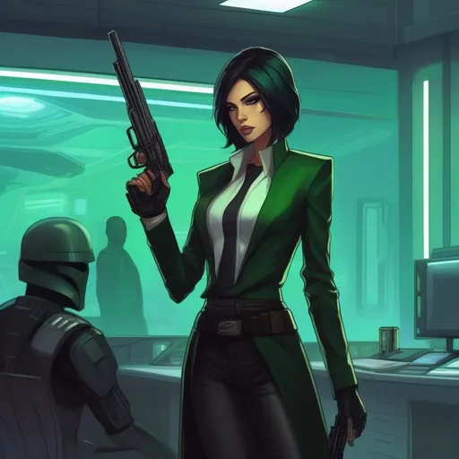 Prompt: a slender woman miralan enforcer. green skin. sith tatoos on face. She wield a pistol. sneaky behavior. In background a scifi office. Star wars art. Rpg art. anime art. 2d. 2d art.