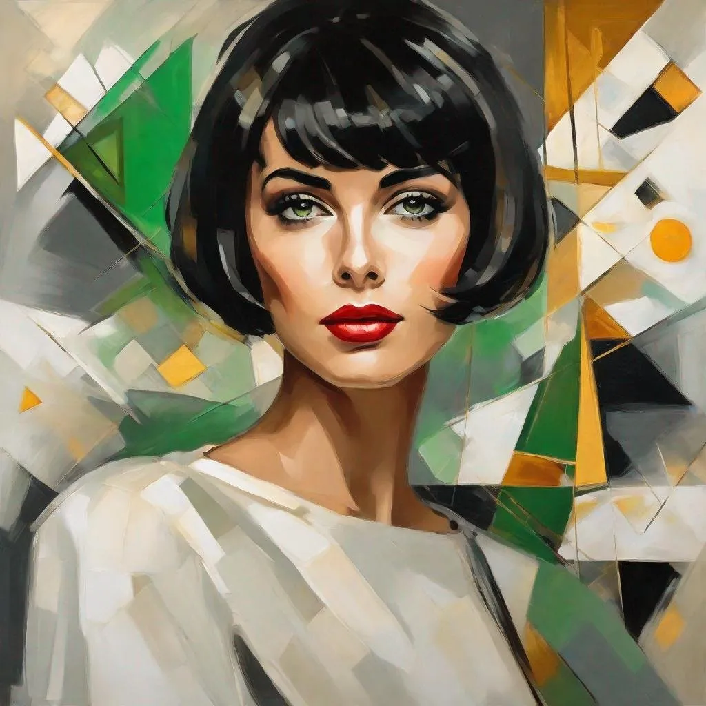 Prompt: Full Portrait. High Resolution Image, 4k Definition, Oil Painting On Canvas, Textures Of White, Off White, Gold And Copper And Some Dark Gray To Appear Like Grease. Stunning Brunette Woman,With Short Pitch Black Straight Hair With Bangs, Green Eyes. Dream Come True, She Is Staring At You… Background Has Geometric Shapes Kandinsky Style