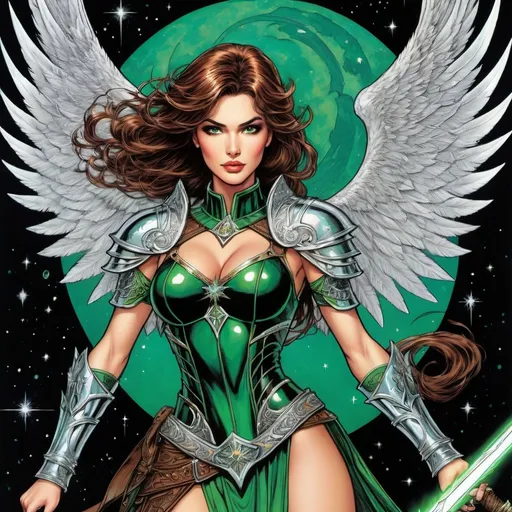 Prompt: soviet art, angelic demigodess witchblade, very extremely short trimmed ear long chestnut brown wavy messy pixie undercut hair with shaved sides, shaven haircut with cutouts, huge big long nose, spread dark angel wings, in the asterism sky, anthracite medieval armor with geoglyph engraves and emerald gemstones on it, in action, with a lumino kinetic green electricity glowing sword, very tiny small little flat teenage chest, slim waist, thick thighs, retro pop-up silkscreen print comic book cover by barry windsor-smith, fairytale couture, dark fantasy, celestialpunk 