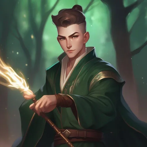 Prompt: A male mage in dark green robes, with very short extremely deep dark brown slicked back pompadour undercut with dark ginger highlights and shaved sides, very pale milky skin. He fights with a magic staff and casts magic spells, potions on his belt, soft feminine body features. Smooth skin, detailed, well drawn face. Rpg art. 2d art. 2d.