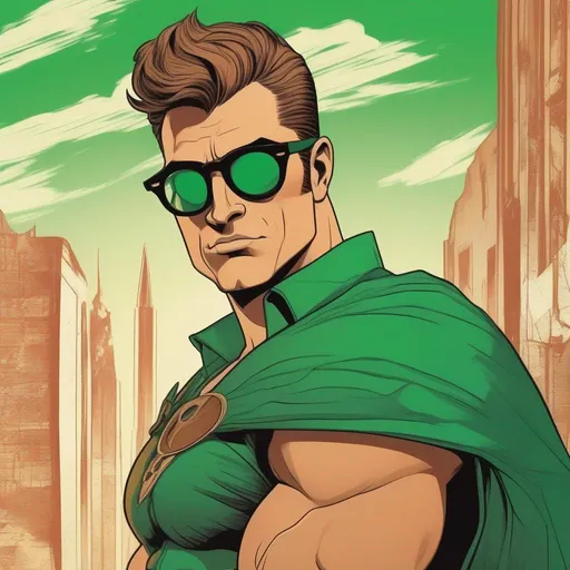 Prompt: A silkscreen comic illustration, tall muscular bulky caucasian male sorcerer, wearing mage mantle, suideburns, very short brown slicked back pompadour undercut hair with shaved sides:vistani, wearing (round glasses), green sunshades with round emerald lenses, green (round) sunglasses, dark female makeup, melancholic, in a forest on a dark foggy night, big sad slant brown eyes, pale milky skin:2, waxing moon, round shaven face, broad cheeks, ethereal, trimmed face, highres, realistic, highly detailed, fantasy, european, irish, 1960s Soviet Retrofuturism,