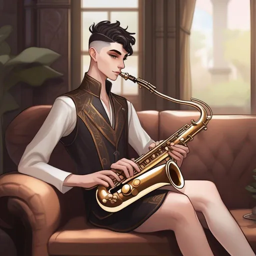 Prompt: A young elf mage with very short 
 extremely deep dark brown slicked back mohawk haircut and pale skin. He plays a saxophone, has a sword on the left side and sits on a couch. soft feminine body features. Smooth skin, detailed, well drawn face. Rpg art. 2d art. 2d.