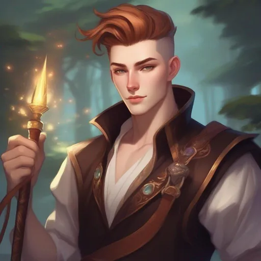 Prompt: A young male mage with very short extremely deep dark brown slicked back pompadour undercut with ginger highlights and shaved sides, very pale milky skin. He wields a magic staff, potions on his belt, soft feminine body features. Smooth skin, detailed, well drawn face. Rpg art. 2d art. 2d.