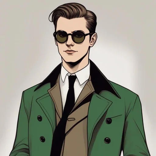 Prompt: full body shot shot of a young {man} with moderate length deep dark brown short slicked back pompadour hair with shaved sides and pale skin, wearing a dark brown trench jacket and white collared shirt with a black tie, black pants and black boots, round glasses, green shades with emerald lenses, handsome. rpg art. Star trek art. 2d art. 2d