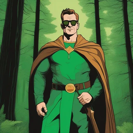 Prompt: A silkscreen comic illustration oftall muscular bulky caucasian male sorcerer, wearing mage mantle, suideburns, very short brown slicked back pompadour undercut hair with shaved sides:vistani, wearing (round glasses), green sunshades with round emerald lenses, green (round) sunglasses,  melancholic, in a forest on a dark foggy night, holding a baby, bid sad slant brown eyes, pale milky skin:2, waxing moon, round shaven face, broad cheeks, ethereal, jewelry set, highres, realistic, highly detailed, fantasy, european, irish, 1960s Soviet Retrofuturism,