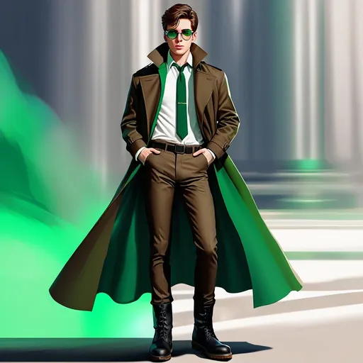 Prompt: full body shot shot of a young {man} with moderate length brown hair wearing dark brown trench jacket and white collared shirt with black pants and black boots, round glasses, green shades with emerald lenses, handsome, rpg art. Star trek art. 2d art. 2d