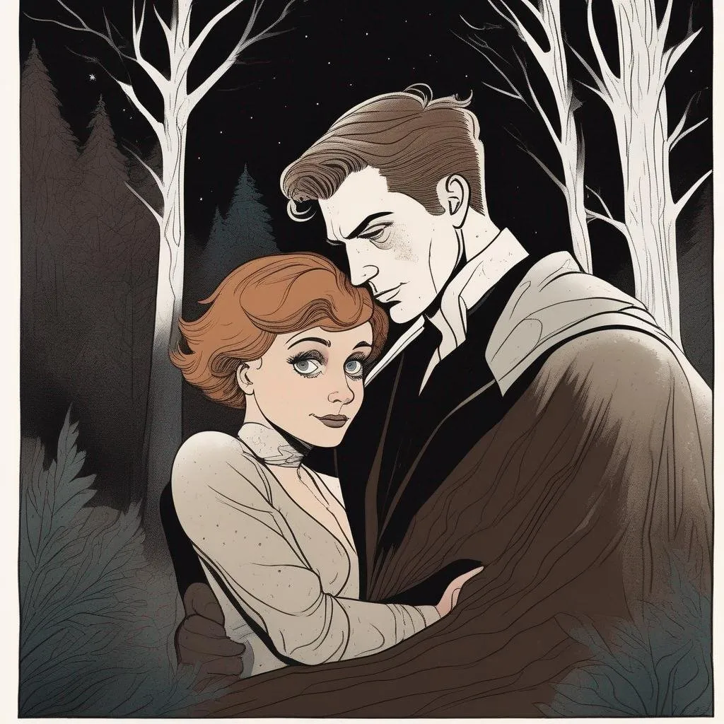 Prompt: A silkscreen comic illustration of a caucasian male sorcerer wearing mantle with freckles and very short brown slicked back pompadour undercut hair with shaved sides:vistani, melancholic, in a forest on a dark foggy night, hugging a woman with short brown wavy pixie hair, bid sad slant brown eyes, pale milky skin:2, waxing moon, round shaven face, broad cheeks, 1960s Soviet Retrofuturism,