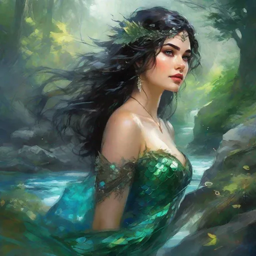 Prompt: fantasy book cover, a plump black haired mermaid princess with brown highlights in her very short messy wavy bob hair, mermaid fae, tall and willowy and pretty, soft freckles, big large green eyes, pointed ears, intricate blue and green gown, pointy ears, iron palace gray metal, landscape beautiful pine forest, fishlail, Carne Griffiths, Michael Garmash, Frank Frazetta, Castle Background, Victo Ngai, Detailed, Vibrant, Sharp Focus, Character Design, Wlop, Kuvshinov, Character Design, TXAA, 32k, Highly Detailed, Dynamic Pose, Intricate Motifs, Organic Tracery, Perfect Composition, Digital Painting, Artstation, Smooth, Sharp Focus, Illustration, hyperdetailed, greg rutkowski