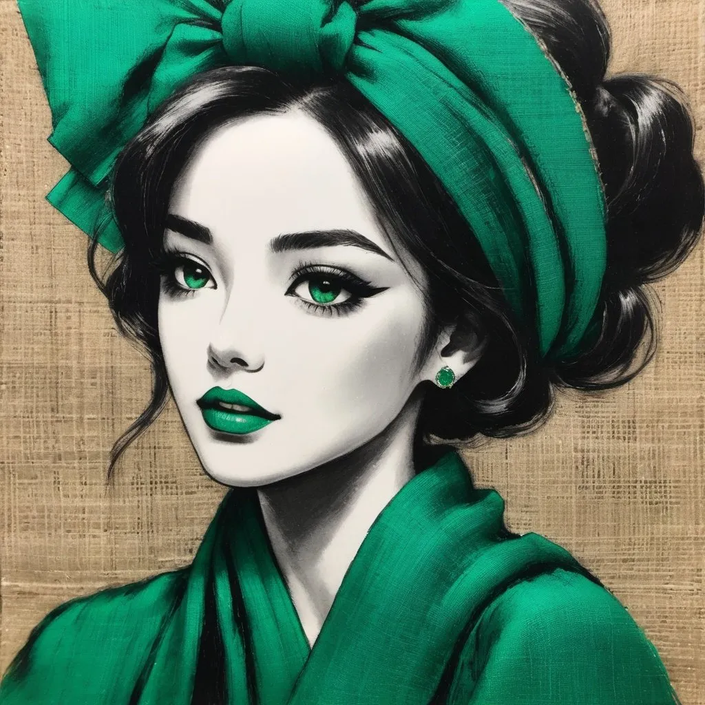 Prompt: Charcoal sketch with emerald hints, textured burlap canvas, vintage manga realism 