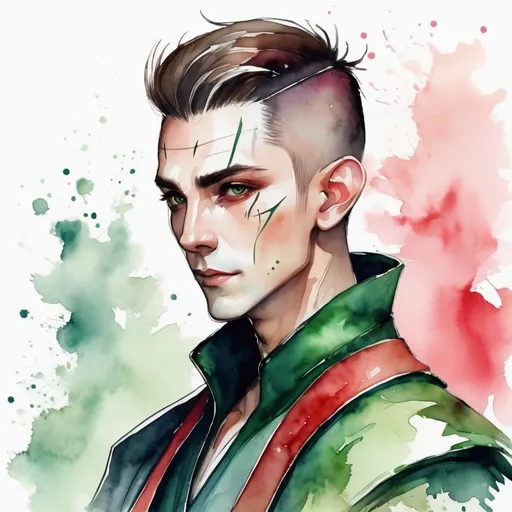 Prompt: Ultra realistic photo portrait of a handsome young adult elf mage in watercolor style, very short brown slicked back pompadour undercut hair with shaved sides, minimalist, elegant, white background, black lines, green shades, red tones, thick bold Rotring lines, capturing strength and fantasy, powerful and artistic portrayal, focusing entirely on the character, no additional elements, watercolor illustration.