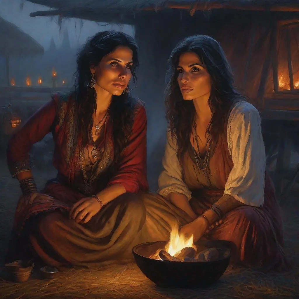 Prompt: fantasy art, oil painting, a mix of morena baccarin and sarah shahi, as a chanting gypsy woman, in a dark gypsy camp near camp fire, roma attire, foggy night, dreadful dark and moody atmosphere, frightened and concerned expression, close up, cinematic, dramatic, highres, detailed, D&D, DnD, Pathfinder, Ravenloft, Vistani, fantasy, by Clyde Caldwell,