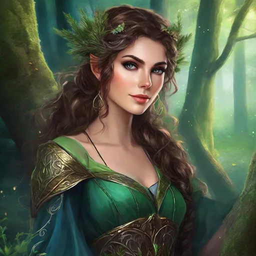 Prompt: fantasy book cover, a dark chesnut haired elven princess with brown highlights in her very extremely er long short messy curly pixie hair, pale skinned, elf fae, tall and willowy and pretty, soft freckles, big large green eyes, pointed ears, intricate blue and green gown, pointy elvish ears, iron palace gray metal, landscape beautiful pine forest, Carne Griffiths, Michael Garmash, Frank Frazetta, Castle Background, Victo Ngai, Detailed, Vibrant, Sharp Focus, Character Design, Wlop, Kuvshinov, Character Design, TXAA, 32k, Highly Detailed, Dynamic Pose, Intricate Motifs, Organic Tracery, Perfect Composition, Digital Painting, Artstation, Smooth, Sharp Focus, Illustration, hyperdetailed, greg rutkowski