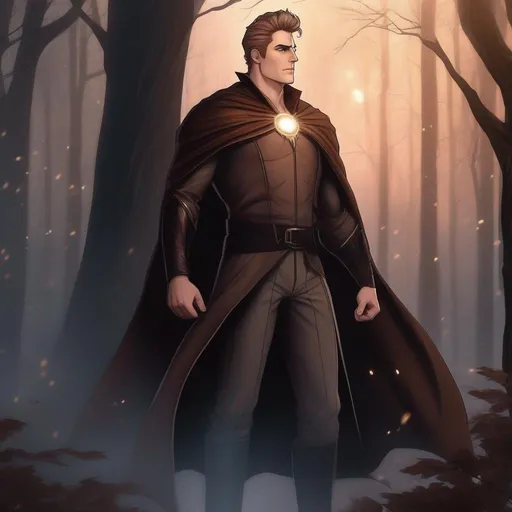 Prompt: full body image, highest quality anime art masterpiece, digital drawing, tall muscular bulky caucasian male sorcerer casting magic,  wearing mantle, with freckles very short brown slicked back pompadour undercut hair with shaved sides:vistani, melancholic, in a forest on a dark foggy night, big sad slant brown eyes, pale milky skin:2, waxing moon, round shaven face, broad cheeks, ethereal, trimmed face, highres, realistic, highly detailed, fantasy, european, irish, D&D, Ravenloft, by Ilya Kuvshinov