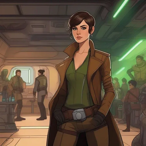 Prompt: From distance. Whole body, full figure. A young female smuggler with deep brown hair, very short pixie undercut. She wears a brown pilot coat and has a holster on her right leg. huge long hoocked aquiline grecian nose, green eyes. In background a noisy scifi cantina. Star wars art. 2d art. 2d. well drawn face. detailed.