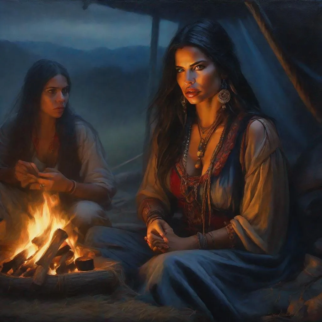 Prompt: fantasy art, oil painting, adriana lima fused together with Yarishna Nicole Ayala, as a chanting gypsy woman, in a dark gypsy camp near camp fire, roma attire, foggy night, dreadful dark and moody atmosphere, frightened and concerned expression, close up, cinematic, dramatic, highres, detailed, D&D, DnD, Pathfinder, Ravenloft, Vistani, fantasy, by Clyde Caldwell,