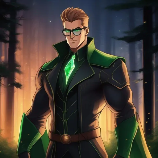 Prompt: highest quality anime art masterpiece, digital drawing, tall muscular bulky caucasian male sorcerer, wearing mage mantle, suideburns, very short brown slicked back pompadour undercut hair with shaved sides:vistani, wearing round glasses, green shades with emerald lenses, dark female makeup, melancholic, in a forest on a dark foggy night, big sad slant brown eyes, pale milky skin:2, waxing moon, round shaven face, broad cheeks, ethereal, trimmed face, highres, realistic, highly detailed, fantasy, european, irish, D&D, Ravenloft, by Ilya Kuvshinov