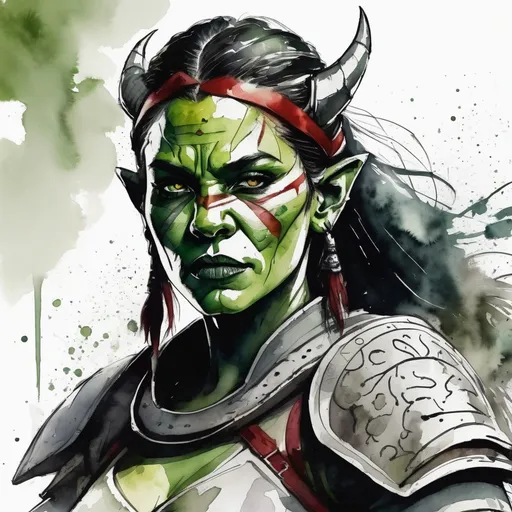 Prompt: Ultra realistic photo portrait of a beautiful attractivr female orc warrior queen in watercolor style, minimalist, elegant, white background, black lines, green shades, red tones, thick bold Rotring lines, capturing strength and fantasy, powerful and artistic portrayal, focusing entirely on the character, no additional elements, watercolor illustration.