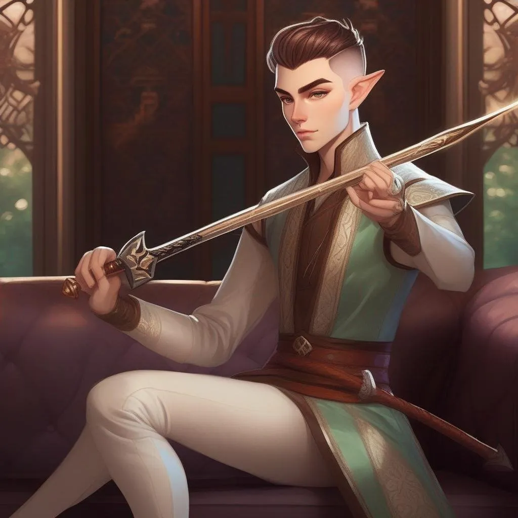 Prompt: A young elf mage with very short 
 extremely deep dark brown slicked back pompadour undercut with ginger highlights and shaved sides, very pale milky skin. He swings a magic staff, has a sword on the left side and sits on a couch. soft feminine body features. Smooth skin, detailed, well drawn face. Rpg art. 2d art. 2d.