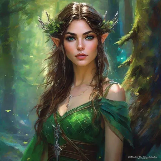 Prompt: fantasy book cover, a dark chesnut haired elven princess with brown highlights in her very short messy wavy bob hair, elf fae, tall and willowy and pretty, soft freckles, big large green eyes, pointed ears, intricate blue and green gown, pointy elvish ears, iron palace gray metal, landscape beautiful pine forest, Carne Griffiths, Michael Garmash, Frank Frazetta, Castle Background, Victo Ngai, Detailed, Vibrant, Sharp Focus, Character Design, Wlop, Kuvshinov, Character Design, TXAA, 32k, Highly Detailed, Dynamic Pose, Intricate Motifs, Organic Tracery, Perfect Composition, Digital Painting, Artstation, Smooth, Sharp Focus, Illustration, hyperdetailed, greg rutkowski