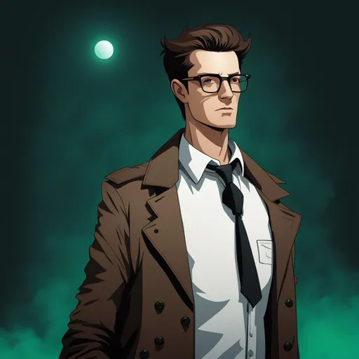 Prompt: full body shot shot of a young {man} with moderate length brown pompadour hair, wearing a dark brown trench jacket and white collared shirt with a plack tie, black pants and black boots, round glasses, green shades with emerald lenses, handsome, rpg art. Star trek art. 2d art. 2d