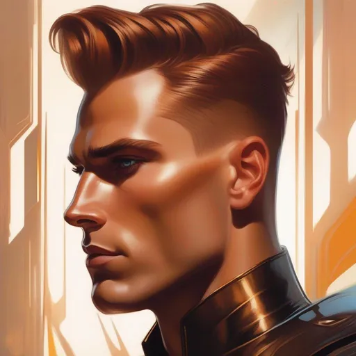 Prompt: A masculine scifi european cyborg soldier. very short bright brown slicked back pompadour undercut hair with shawed sides and light chestnut highlights, round face, broad cheeks, glowing eyes, wearing a black retro futuristic leather jackett with borg armour underneath, artgerm greg rutkowski mucha