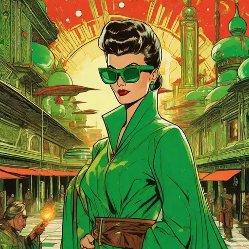 Prompt: retro futuristic soviet silk screen pulp fiction fantasy comic book cover, a dark chesnut haired sorcerer very short slicked back pompadour undercut hair, mage, tall and willowy and pretty, soft freckles, big large green eyes, wizard, intricate emerald and green robe, wearing round retro shades with green lenses, old fashioned emerald sunglasses, iron palace gray metal, landscape beautiful pine forest, Carne Griffiths, Michael Garmash, Frank Frazetta, Castle Background, Victo Ngai, Detailed, Vibrant, Sharp Focus, Character Design, Wlop, Kuvshinov, Character Design, TXAA, 32k, Highly Detailed, Dynamic Pose, Intricate Motifs, Organic Tracery, Perfect Composition, Digital Painting, Artstation, Smooth, Sharp Focus, Illustration, hyperdetailed, greg rutkowski
