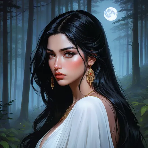 Prompt: highest quality anime art masterpiece, digital drawing, armenian woman with long black hair:vistani, sad in a forest on a dark foggy night, mocha skin:2, waxing moon, ethereal, jewelry set, highres, realistic, highly detailed, fantasy, gypsy, roma, D&D, Ravenloft, by Ilya Kuvshinov