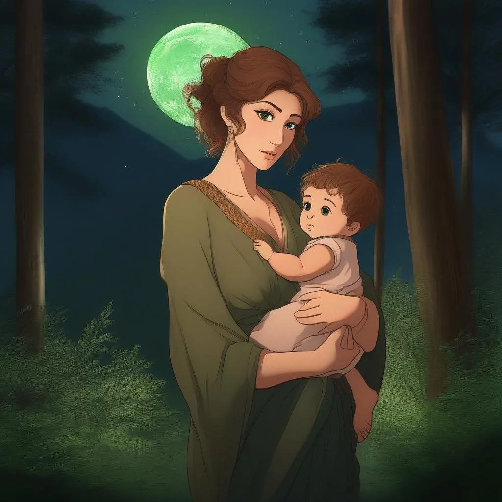 Prompt: highest quality anime art masterpiece, digital drawing, caucasian woman with very short brown thick wavy messy pixie hair:vistani, carrying a child in her arms, sad, in a forest on a dark foggy night, big green eyes, tanned skin:2, waxing moon, huge long wide broad hooked greek aquiline algerian oriental arabic nose, flat chest, ethereal, jewelry set, highres, realistic, highly detailed, fantasy, gypsy, roma, D&D, Ravenloft, by Ilya Kuvshinov