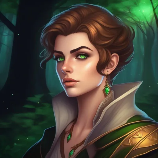 Prompt: highest quality anime art masterpiece, digital drawing, tiny skinny caucasian female sorceress, wearing mage mantle, , very short wavy brown pixie undercut hair with shaved sides:vistani, dark female makeup, huge hooked aquiline persian nose, melancholic, in a forest on a dark foggy night, big sad slant green eyes, tanned skin:2, waxing moon, ethereal, highres, realistic, highly detailed, fantasy, eastern european, ukrainian, D&D, Ravenloft, by Ilya Kuvshinov