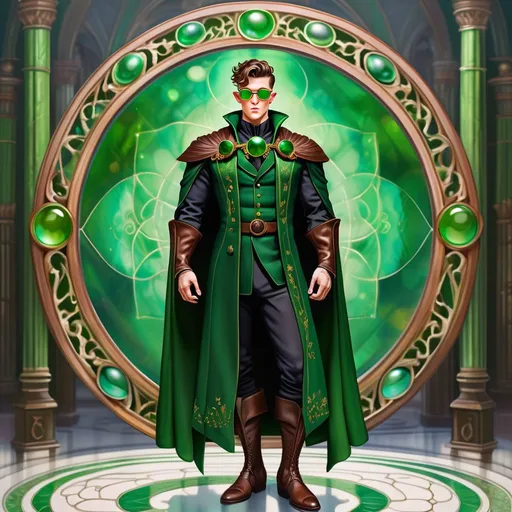 Prompt: a dynamic full body portrait of an irish adult beautiful handsome brown haired man, very short slicked back pompadour undercut with shaved sides and chestnut wisps, wearing a dark sorcerer mantle and round glasses, green mirror shades with emerald lenses round face, broad cheeks, dressed, muscular, intricate, sharp focus, in the style of Ivan Bilibin, Ernst Haeckel, Daniel Merriam, watercolor and ink