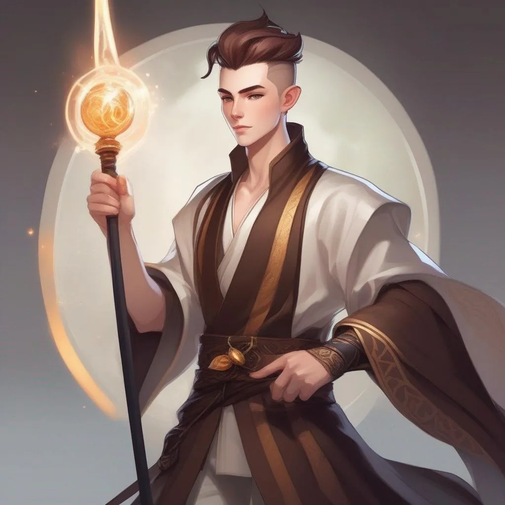 Prompt: A young male mage in robes, with very short extremely deep dark brown slicked back pompadour undercut with ginger highlights and shaved sides, very pale milky skin. He fights with a magic staff, potions on his belt, soft feminine body features. Smooth skin, detailed, well drawn face. Rpg art. 2d art. 2d.