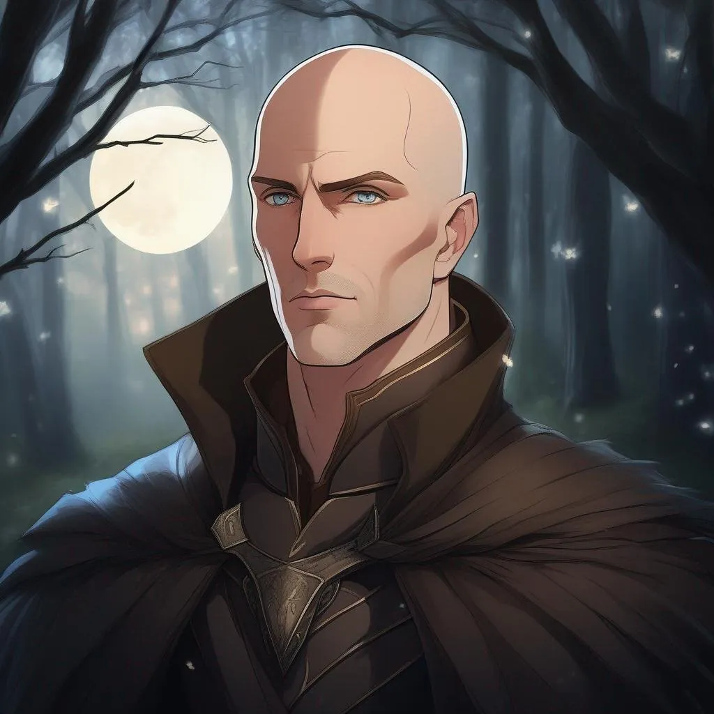 Prompt: highest quality anime art masterpiece, digital drawing, muscular caucasian bald male sorcerer wearing mantle, with freckles and balding hairless scalp:vistani, melancholic, in a forest on a dark foggy night, big sad slant brown eyes, pale milky skin:2, waxing moon, round shaven face, broad cheeks, ethereal, trimmed face, highres, realistic, highly detailed, fantasy, european, irish, D&D, Ravenloft, by Ilya Kuvshinov