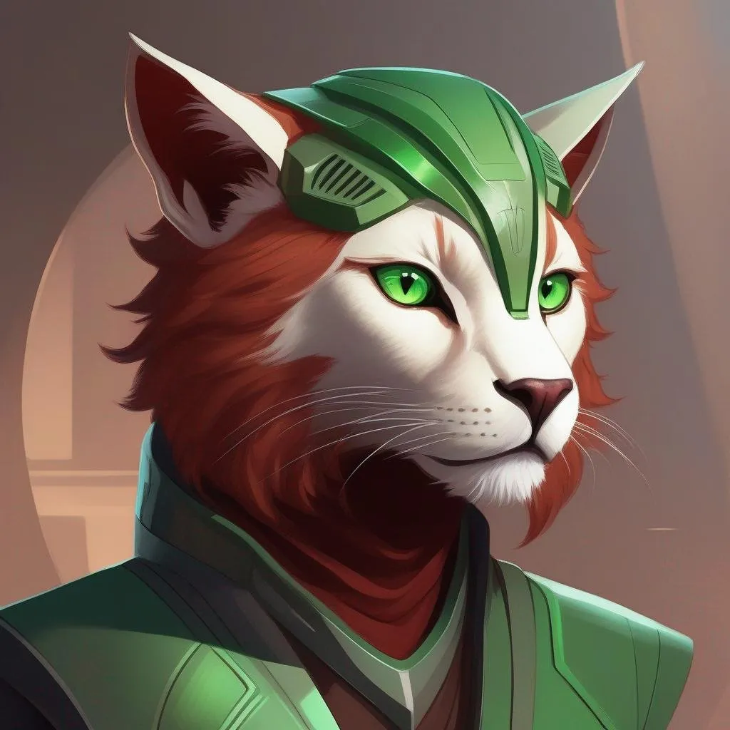 Prompt:  A young cathar alien of a star wars cathor feline lion alike race. Vaguely humanoid. He has dark red fur and pale skin. He wears a scifi suit and has green eyes. Detailed, well draw face, Smooth skin. rpg art. Star wars art. 2d art. 2d