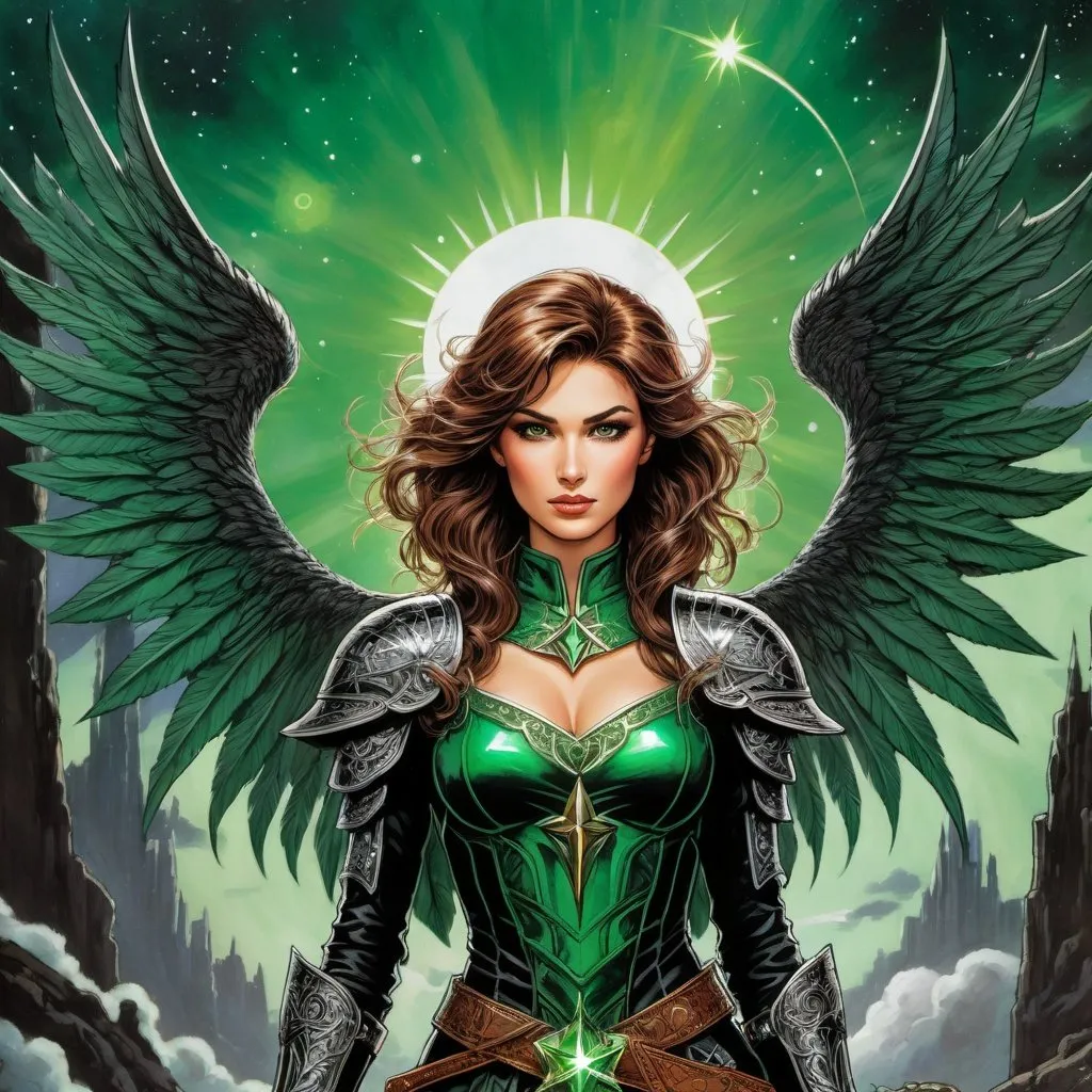 Prompt: soviet art, angelic demigodess witchblade, very extremely short trimmed ear long chestnut brown wavy messy pixie undercut hair with shaved sides, shaven haircut with cutouts, huge big long nose, spread dark angel wings, in the asterism sky, anthracite medieval armor with geoglyph engraves and emerald gemstones on it, in action, with a lumino kinetic green electricity glowing sword, very tiny small little flat teenage chest, slim waist, thick thighs, retro pop-up silkscreen print comic book cover by barry windsor-smith, fairytale couture, dark fantasy, celestialpunk 