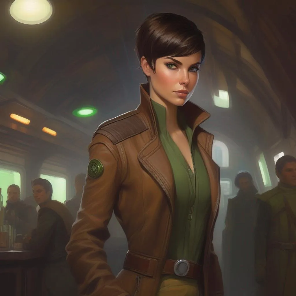 Prompt: From distance. Whole body, full figure. A young female smuggler with deep brown hair, very short pixie undercut. She wears a brown pilot coat and has a holster on her right leg. huge long hoocked aquiline grecian nose, green eyes. In background a noisy scifi cantina. artgerm greg rutkowski mucha,