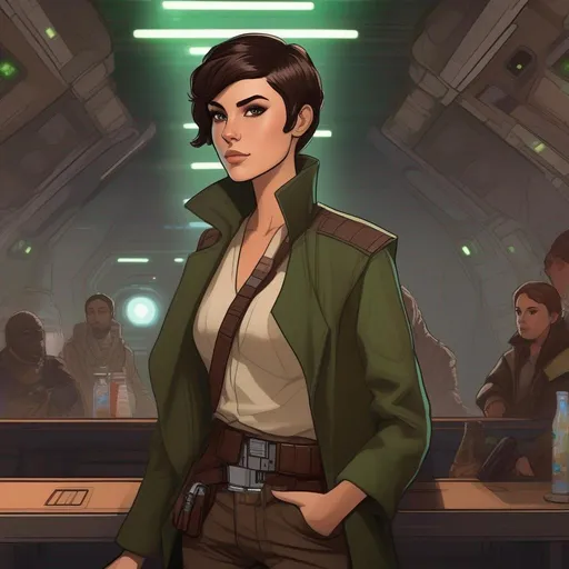 Prompt: From distance. Whole body, full figure. A young female smuggler with deep brown hair, very short pixie undercut. She wears a brown pilot coat and has a holster on her right leg. huge long hoocked aquiline grecian nose, green eyes. In background a noisy scifi cantina. Star wars art. 2d art. 2d. well drawn face. detailed.