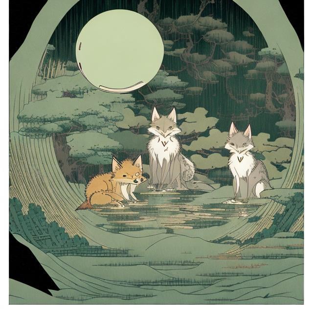 Prompt: light green paper::3 tarot card::2 tiny kitsune inside of a huge anthracite egged transparent sphere::3 surrounded by pond and trees::3 by Hokusai and James Gurney, trending on artstation::3 incredible black and green ink illustration::4 —ar 9:21