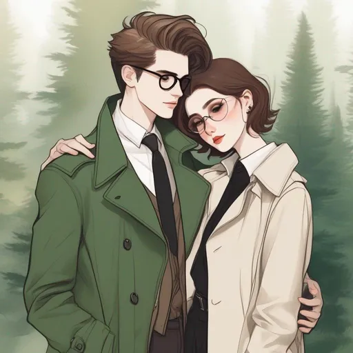 Prompt: full body shot shot of a young {man} with moderate length brown pompadour hair and pale skin, wearing a dark brown trench jacket and white collared shirt with a plack tie, black pants and black boots, round glasses, green shades with emerald lenses, handsome; he is hugging a petite woman with very short chestnut pixie undercut and tannedskin. rpg art. Star trek art. 2d art. 2d