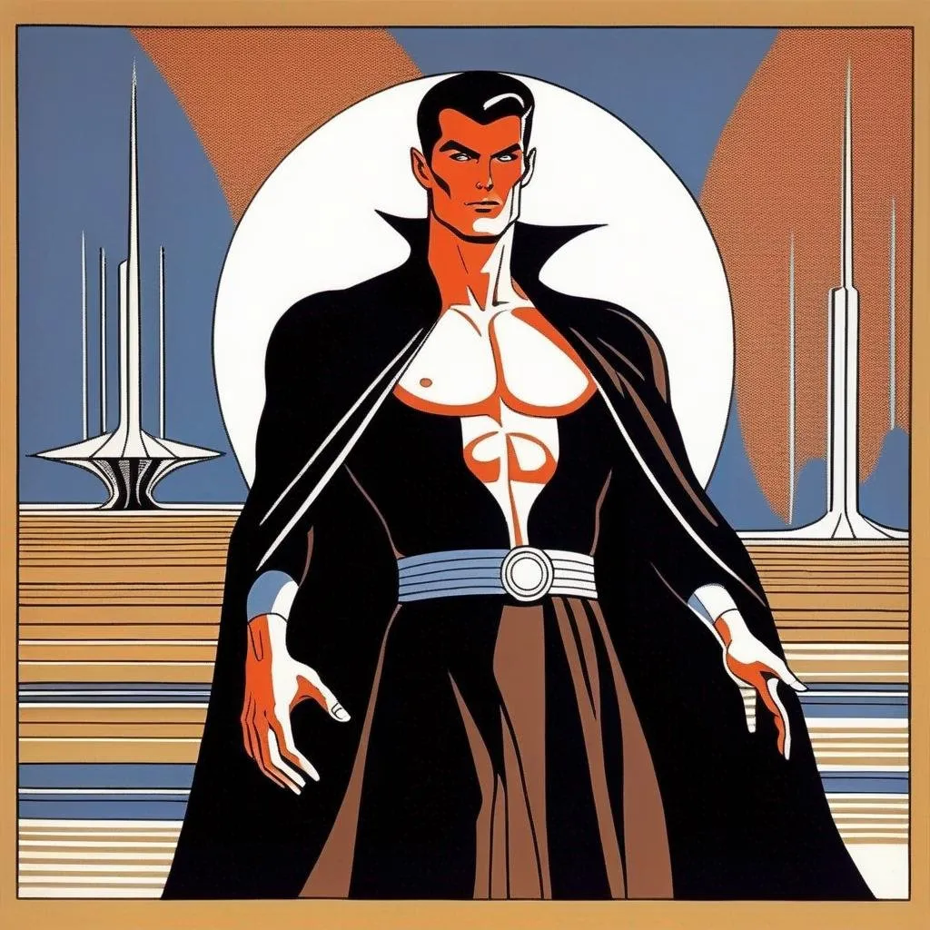 Prompt: Silk screen comic book illustration, of an adult slender muscular male mage, wearing a dark wizars robe with a cape, loincloth, shirt underneath, very short extremely deep dark brown slicked back pompadour undercut with dark ginger highlights and shaved sides, very bright and pale milky skin, Well drawn face, detailed face, 1960s Soviet retrofuturism, 