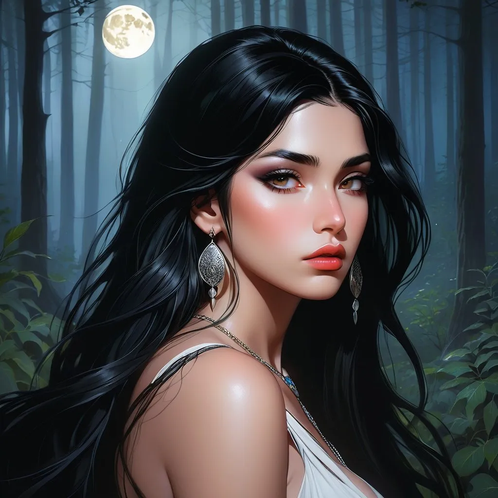 Prompt: highest quality anime art masterpiece, digital drawing, armenian woman with long black hair:vistani, sad in a forest on a dark foggy night, mocha skin:2, waxing moon, ethereal, jewelry set, highres, realistic, highly detailed, fantasy, gypsy, roma, D&D, Ravenloft, by Ilya Kuvshinov