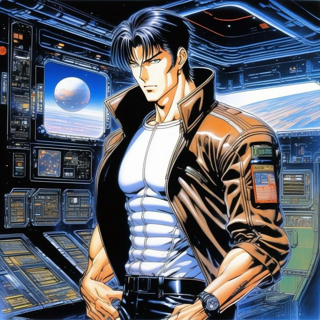 Prompt: detailed character portrait, full body portrait of a muscled male with brown pompadour undercut, retro futuristic starship captain, green glowing eyes, smirking, black futuristic leather jackett, on smoky background, transporter, teleporter, inside of a spaceship,  Ghost in the shell art. Masamune Shirow art. anime art. Leiji Matsumoto art. Akira art. Otomo art. 2d. 2d art.
