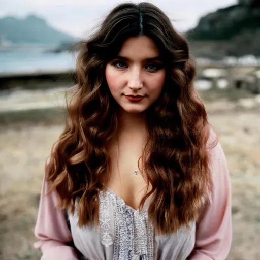 Prompt: analog portrait photograph of a feminine ukrainian woman, very short chestnut wavy messy cyrly bob hair, grecian aquiline nose, dark room, Porta 160 color, shot on fujifilm, by kyunginc