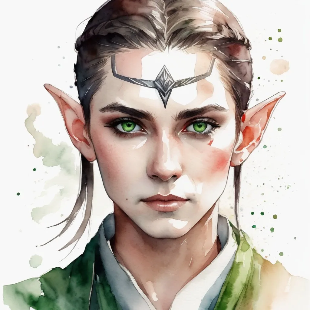 Prompt: Ultra realistic photo portrait of a very young beautiful attractive elf mage in watercolor style, short brown slicked back hair undercut, minimalist, elegant, white background, black lines, green shades, red tones, thick bold Rotring lines, capturing strength and fantasy, powerful and artistic portrayal, focusing entirely on the character, no additional elements, watercolor illustration.