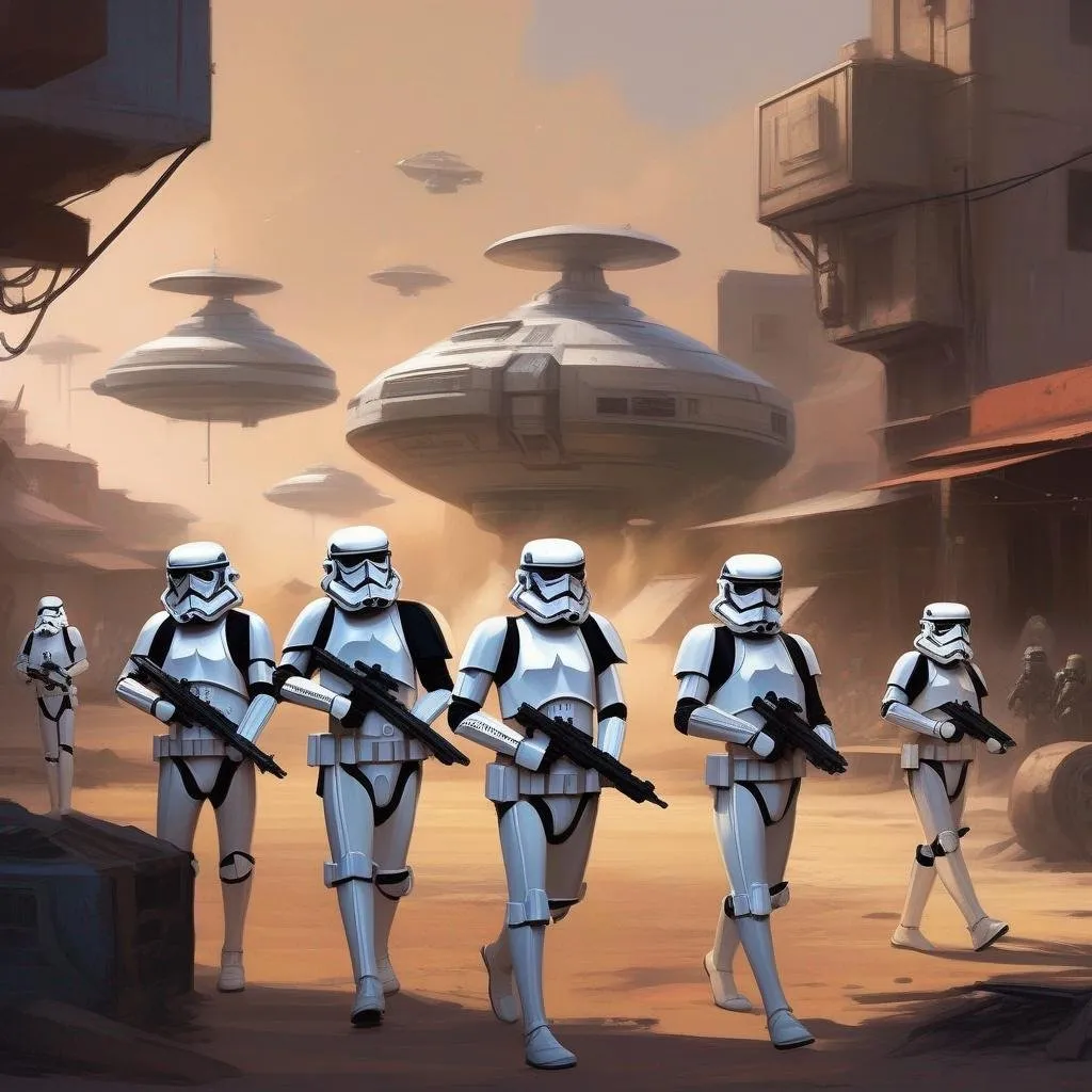 Prompt: a squad of star wars stormtroopers arresting a caucasian male starship captain. In background a scifi slum. Star wars art. rpg. rpg art. 2d art. 2d.