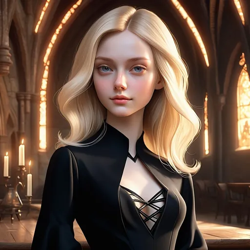 Prompt: portrait of a pale half-elf woman Nastya Kusakina, wearing a black dress, small jawline, triangular head, realistic, warm soft lighting, art by artgerm and ruan jia and greg rutkowski and sam leung, detailed, medieval, game-rpg, wavy blonde hair, adult, atmosphere, adult, attractive, wanting, inviting, middle ages, medieval room background, plentiful, warm, inviting, black dress, cozy, comfortable, artstation, magic, mystery, love, affection 